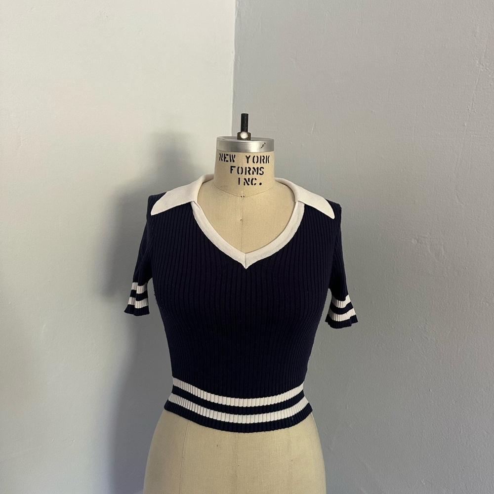 Closet Rehab Navy and White Crop Top, Collared, Ribbed & Form Fitting